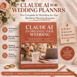 May include: A terracotta-coloured book titled CLAUDE AI TO ORGANIZE YOUR WEDDING, featuring a floral arrangement, laptop, and notebook on the cover. The text highlights 19 chapters, 50 prompts, an AI agent, and a 30-day action plan for wedding planners.
