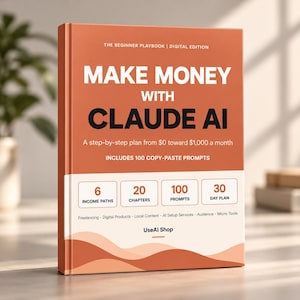 以下が含まれることがあります： Make Money With Claude AI, The Beginner Playbook | Digital Editionというタイトルのハードカバー本。オレンジと白の表紙には、ステップバイステップの計画、100個のプロンプト、6つの収入源、20の章、30日間の計画に関するテキストが記載されています。