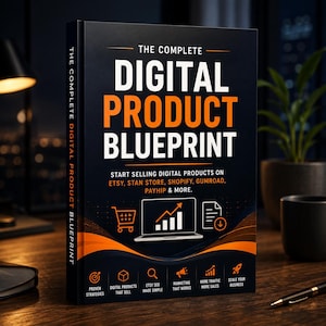 Puede incluir: Un libro de tapa dura titulado The Complete Digital Product Blueprint con cubierta negra, detalles en naranja y texto en blanco. La portada muestra un icono de portátil, un carrito de compras, un icono de documento y seis iconos pequeños.