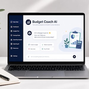 Peut inclure: Un écran d'ordinateur portable affichant l'interface Budget Coach AI avec un menu latéral bleu foncé, une fenêtre de chat avec une icône de robot, et une zone principale montrant des outils financiers, un presse-papier et une calculatrice.