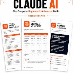 Może przedstawiać: Cyfrowy przewodnik zatytułowany Master Claude AI: The Complete Beginner-to-Advanced Guide. Obraz przedstawia trzy strony wewnętrzne zawierające rozdział 4 o szablonach prompt&oacute;w, rozdział 6 por&oacute;wnujący narzędzia AI oraz rozdział 8 o zaawansowanych strategiach.