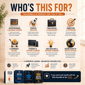 May include: An infographic titled WHO'S THIS FOR? featuring eight icons representing target audiences like entrepreneurs, creators, and sellers. Below, four digital guide covers titled Master Claude AI, Master ChatGPT, The Prompt Vault, and 100 Digital Products.