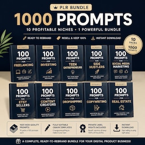 Peut inclure: Un ensemble de produits numériques comprenant 1000 invites répartis sur 10 niches, dont le freelancing, l'investissement, les jeunes entrepreneurs, les side hustlers, le marketing des réseaux sociaux, les vendeurs Etsy, les créateurs de contenu, le dropshipping, le copywriting et l'immobilier.