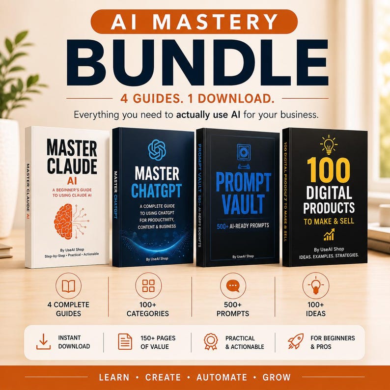 May include: An AI Mastery Bundle featuring four digital guidebooks titled Master Claude AI, Master ChatGPT, Prompt Vault, and 100 Digital Products to Make & Sell. The set includes 100+ categories, 500+ prompts, and 100+ ideas for business.