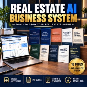 Może przedstawiać: Laptop wyświetlający pulpit nawigacyjny nieruchomości obok dziesięciu drukowanych przewodników zatytułowanych Real Estate AI Business System, obejmujących tematy takie jak AI dla agentów, szablony i kalendarze, ze złotą pieczęcią.