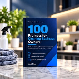 Puede incluir: Un libro rectangular azul oscuro titulado 100 Prompts for Cleaning Business Owners. La portada presenta texto en blanco y azul claro, incluyendo Copy-Paste Prompt Pack, 10 categories, 10 prompts each, fill in the brackets and paste, y UseAI Shop.