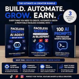 May include: A digital product bundle featuring three guides titled Faceless Shorts AI Agent Setup Guide, The Complete AI Blueprint, and 100 AI Prompts for Faceless Shorts Creators. The dark blue covers display neon blue text and icons for AI and social media.