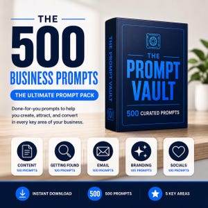 Può includere: Una scatola blu scuro intitolata The Prompt Vault con 500 Curated Prompts. Il testo recita The 500 Business Prompts, The Ultimate Prompt Pack, ed elenca cinque categorie: Content, Getting Found, Email, Branding e Socials, ciascuna con 100 prompt.