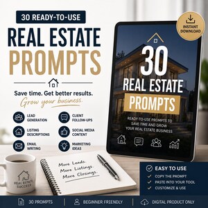 Peut inclure: Publicité pour "30 invites immobilières prêtes à l'emploi". L'image présente une tablette avec une maison, une tasse à café, un bloc-notes avec un stylo et des icônes pour la génération de prospects, les annonces et le contenu des médias sociaux. Le texte promeut le gain de temps et la croissance de votre entreprise.