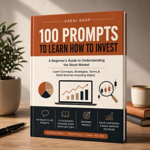 Könnte beinhalten: Ein gebundenes Buch mit dem Titel 100 Prompts to Learn How to Invest. Das Cover zeigt einen rostorangen oberen Bereich, einen cremefarbenen Mittelteil mit Laptop- und Börsengrafiken sowie einen schwarzen unteren Bereich mit Text und Symbolen.