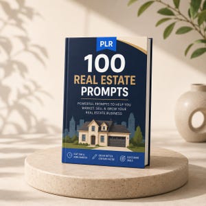 Może przedstawiać: Ciemnoniebieska książka zatytułowana 100 REAL ESTATE PROMPTS z grafiką domu i panoramy miasta. Okładka zawiera tekst: POWERFUL PROMPTS TO HELP YOU MARKET, SELL & GROW YOUR REAL ESTATE BUSINESS, SAVE TIME & WORK SMARTER, CREATE BETTER CONTENT FASTER oraz CLOSE MORE DEALS.