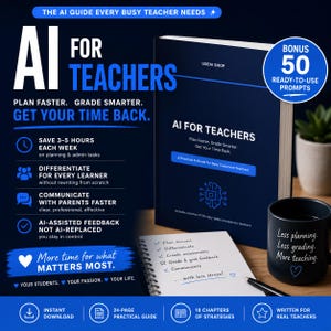 Peut inclure: Un guide numérique bleu foncé intitulé AI FOR TEACHERS avec un carnet à spirales présentant une liste de contrôle, une tasse noire avec le texte Less planning. Less grading. More teaching. et une liste d'avantages pour les enseignants.
