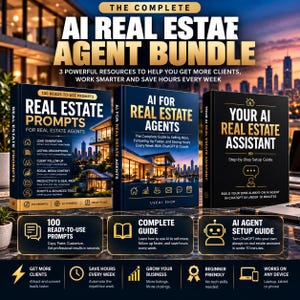 Pacchetto IA per agenti immobiliari: 3 guide, ChatGPT, Claude Prompts, descrizioni degli annunci, modelli per il follow-up dei lead, kit di strumenti per agenti immobiliari.