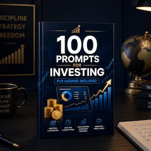 May include: A dark blue book titled 100 PROMPTS FOR INVESTING with PLR LICENSE INCLUDED. The cover features a gold upward arrow, a pie chart, stacks of gold coins, and four icons with text: PRACTICAL & ACTIONABLE, SAVE TIME & BOOST FOCUS, MAKE SMARTER INVESTMENT DECISIONS, and RESELL FREELY.
