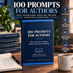 Może przedstawiać: Ciemnoniebieska książka zatytułowana 100 Prompts for Authors: Plot, Characters, Drafting, Editing, Querying & Marketing, From Idea to Published Book. Obok znajduje się notatnik z długopisem, stos książek oraz kubek z napisem Good Stories Change Lives.