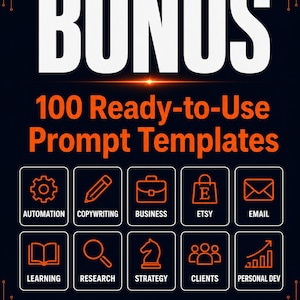 Może przedstawiać: Cyfrowa grafika z ciemnym tłem, białym napisem BONUS oraz 100 Ready-to-Use Prompt Templates w kolorze pomarańczowym. Poniżej znajduje się dziesięć kwadratowych ikon z pomarańczowymi obrysami dla Automation, Copywriting, Business, Etsy, Email, Learning, Research, Strategy, Clients i Personal Dev. Na dole widnieje tekst Copy. Paste. Get Results.