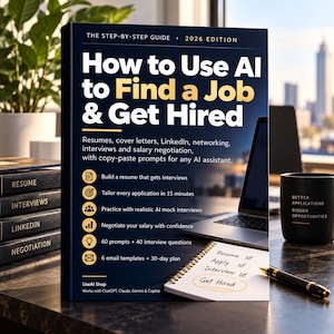 Peut inclure: Un livre bleu foncé intitulé How to Use AI to Find a Job & Get Hired 2026 Edition. La couverture liste des fonctionnalités comme la création de CV, les entretiens et la négociation salariale. Il est posé sur un bureau avec un ordinateur.