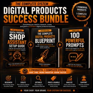 Op de afbeelding: Een digitaal productenpakket met drie boeken getiteld Shop Assistant Setup Guide, The Complete Digital Products Blueprint en 100 Powerful Prompts. De zwarte covers bevatten oranje tekst en iconen, waaronder een raket en robot.