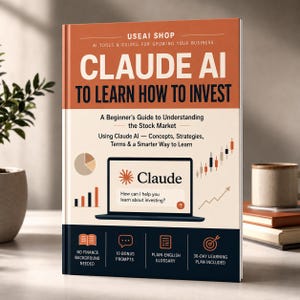 Op de afbeelding: Een boek getiteld Claude AI to Learn How to Invest met een gebrand oranje bovenkant, een crèmekleurig midden en een donkerblauwe onderkant. De omslag bevat een laptopafbeelding, beursgrafieken en tekst over een gids voor de aandelenmarkt.
