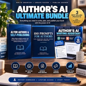 Puede incluir: El Author's AI Ultimate Bundle incluye tres libros azules titulados AI for Authors & Self-Publishing, 100 Prompts for Authors y Author's AI Writing Assistant. El conjunto presenta un sello dorado, una taza blanca y cinco iconos azules.