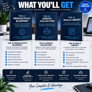 May include: Three dark blue digital guidebooks titled The AI Productivity Blueprint, The AI Agents Collection, and The AI Skills Library. The image displays lists of features, bullet points, and text detailing resources for AI integration and automation.