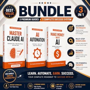 Può includere: Un pacchetto di prodotti digitali composto da tre libri bianchi intitolati Master Claude AI, AI Automation e Make Money With AI. La grafica include icone arancioni di un cervello, un orologio e un simbolo del dollaro, con testo che descrive tecniche avanzate, flussi di lavoro e prompt per il successo con l'IA.