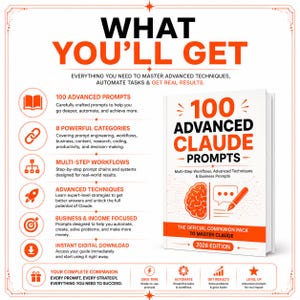 May include: A white book titled 100 Advanced Claude Prompts with orange text and a brain icon. The graphic lists features including 100 advanced prompts, 8 powerful categories, multi-step workflows, advanced techniques, business focus, and instant digital download.