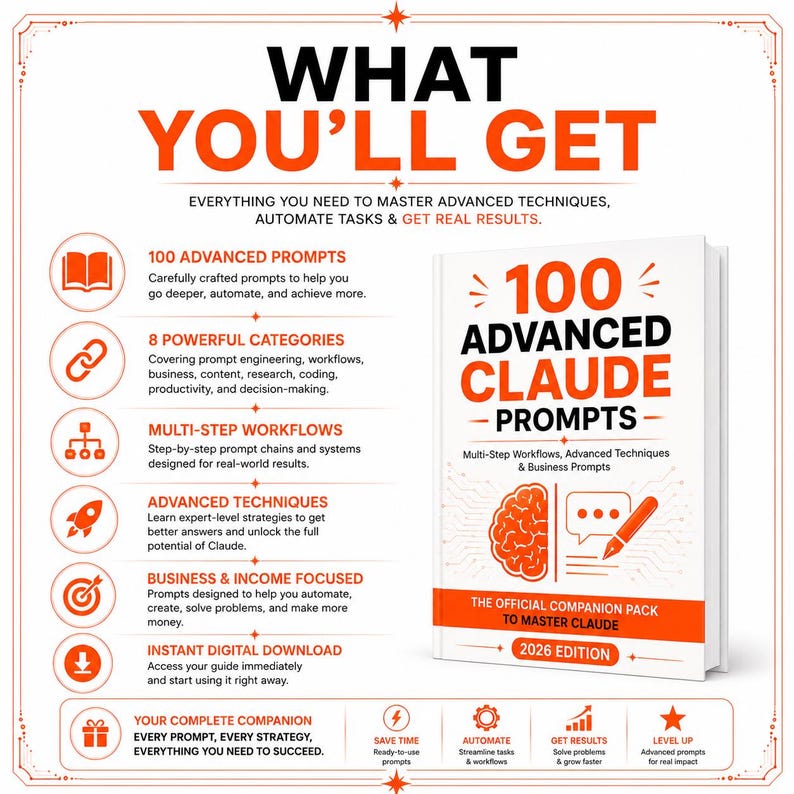 May include: A white book titled 100 Advanced Claude Prompts with orange text and a brain icon. The graphic lists features including 100 advanced prompts, 8 powerful categories, multi-step workflows, advanced techniques, business focus, and instant digital download.