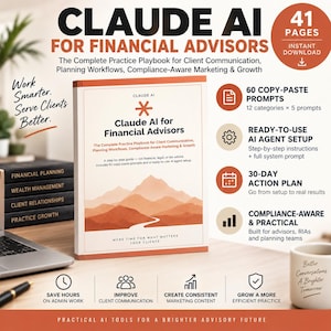 Pode incluir: Um guia digital intitulado Claude AI for Financial Advisors de 41 páginas com uma ilustração de montanhas na capa. Inclui 60 prompts prontos para copiar, uma configuração de agente de IA, um plano de ação de 30 dias e várias ferramentas.