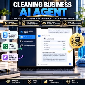 Puede incluir: Una pantalla de portátil muestra una interfaz de agente de IA para empresas de limpieza con generador de presupuestos. El texto incluye 'CLEANING BUSINESS AI AGENT', 'GET ACCURATE QUOTES', 'HANDLE CLIENT INQUIRIES' y 'CREATE MARKETING CONTENT'.