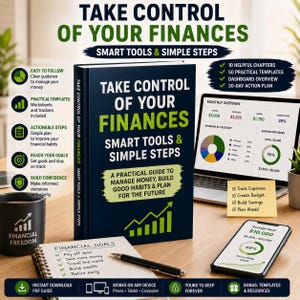 Peut inclure: Un livre bleu foncé intitulé Take Control of Your Finances avec du texte vert et blanc, accompagné d'un ordinateur portable affichant des graphiques financiers, d'un smartphone avec une application d'épargne, d'un carnet et d'une tasse noire.