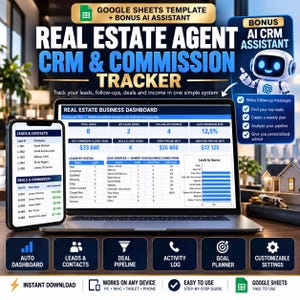 Puede incluir: Un CRM digital y rastreador de comisiones para agentes inmobiliarios mostrado en una laptop y un smartphone. El panel muestra datos de clientes potenciales, métricas de negocio e información de transacciones junto a funciones de IA.
