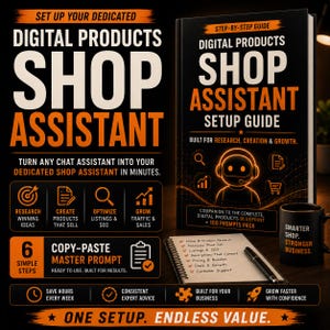 Peut inclure: Un livre noir intitulé Digital Products Shop Assistant Setup Guide avec du texte orange et une icône de robot. À côté se trouvent un carnet à spirales avec un stylo et une tasse noire marquée Smarter Shop. Stronger Business. Le design présente des icônes de recherche, création et croissance.