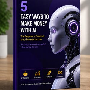 Peut inclure: Couverture de livre bleu foncé avec le titre "5 Easy Ways to Make Money with AI" et une illustration de robot. Le texte et les icônes jaunes promettent un revenu basé sur l'IA, sans codage ni expérience préalable.