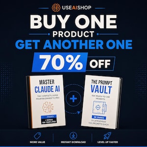 May include: Two digital guidebooks titled Master Claude AI and The Prompt Vault are displayed against a dark background. The text reads Buy One Product Get Another One 70% Off. Icons for value, download, and speed are at the bottom of the image.