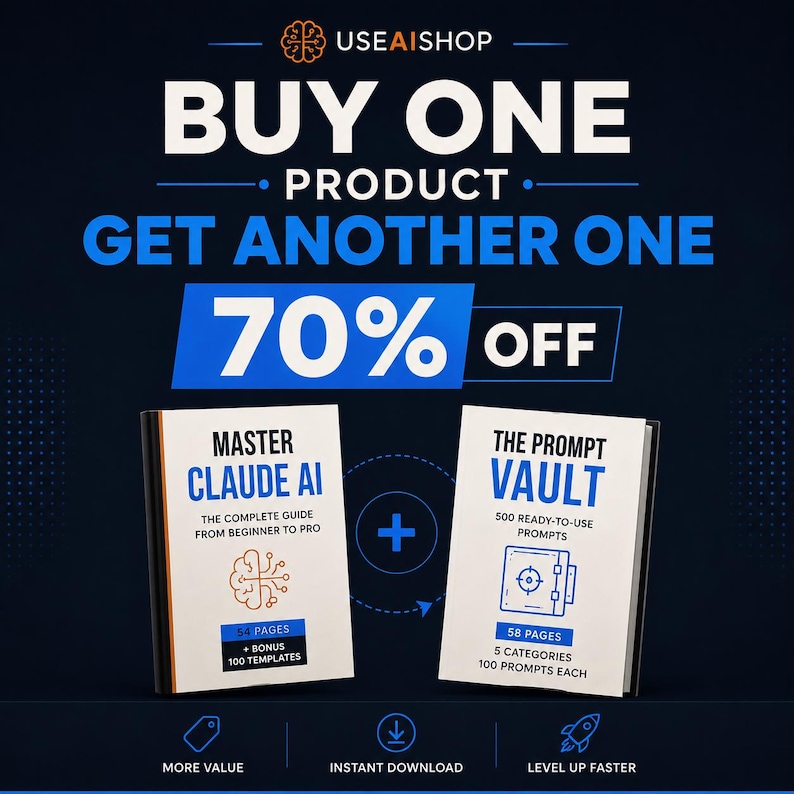 May include: Two digital guidebooks titled Master Claude AI and The Prompt Vault are displayed against a dark background. The text reads Buy One Product Get Another One 70% Off. Icons for value, download, and speed are at the bottom of the image.