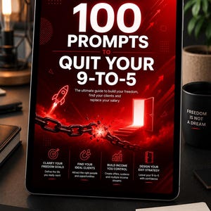 Pode incluir: Um tablet digital exibindo um gráfico vermelho e preto intitulado 100 PROMPTS TO QUIT YOUR 9-TO-5. O design apresenta um foguete, correntes quebradas e uma porta aberta. O texto inclui Clarify Your Freedom Goals, Find Your Ideal Clients, Build Income You Control e Design Your Exit Strategy.