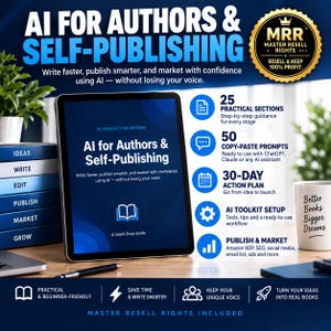 May include: A digital tablet displays the title AI for Authors & Self-Publishing with a blue background. The image includes text detailing 25 practical sections, 50 copy-paste prompts, a 30-day action plan, toolkit setup, and publishing marketing tips.