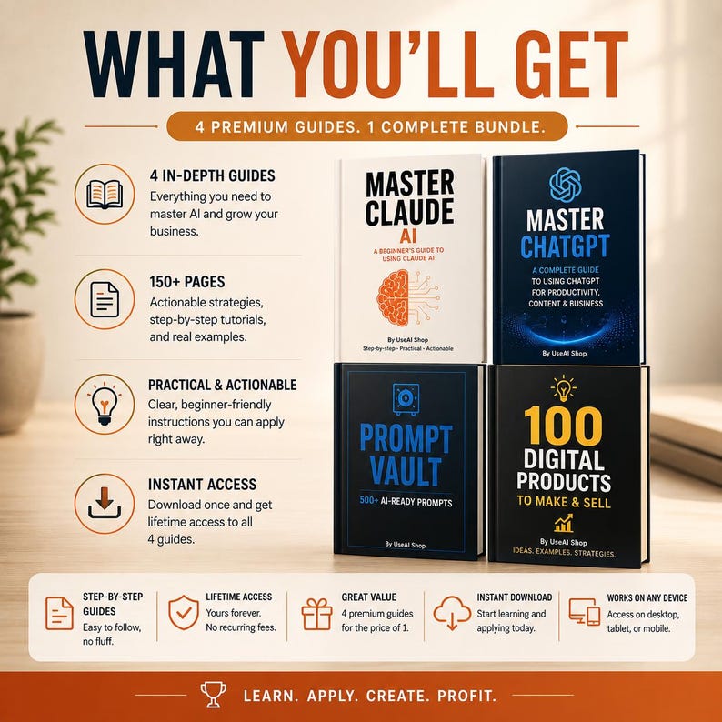 May include: A digital product bundle featuring four guides titled Master Claude AI, Master ChatGPT, Prompt Vault, and 100 Digital Products to Make & Sell. The graphic includes text detailing 150+ pages, actionable strategies, and lifetime access.