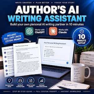 May include: Author's AI Writing Assistant digital guide featuring a laptop displaying a chat interface, printed step-by-step instructions, a white mug with the text 'Better Stories Brighter Ideas You Got This', and a notebook with a pen.