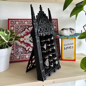 Large Gothic Cathedral Jewelry Stand, wedding Vintage Black Velvet Ring Display