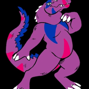 May include: A digital illustration of an anthropomorphic reptile character with purple skin, a long tail, and white claws. The creature features blue and pink accents on its body, a white crest on its head, and green eyes, set against a black background.