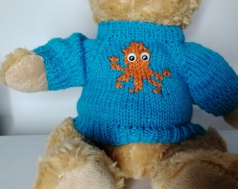 Teddy Bear Sweater - Hand knitted - Turquoise with Orange Octopus motif  - fits 10 - 12 inch Bear