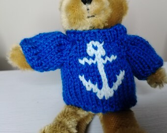 Tiny Teddy Bear Sweater - Hand knitted - Royal Blue Anchor - fits 6 inch bear