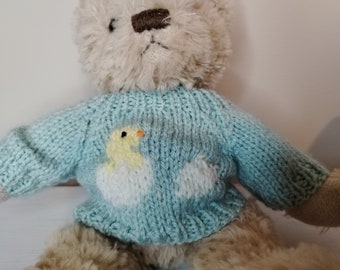 Easter Teddy Bear Sweater - Hand knitted - Duck Egg Blue Easter Chick in Egg Shell- fits 8 - 9 inch bear