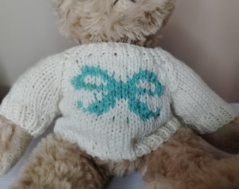 Teddy Bear Sweater - Hand knitted - Cream with Ribbon motif - fits 8 - 9 inch bear