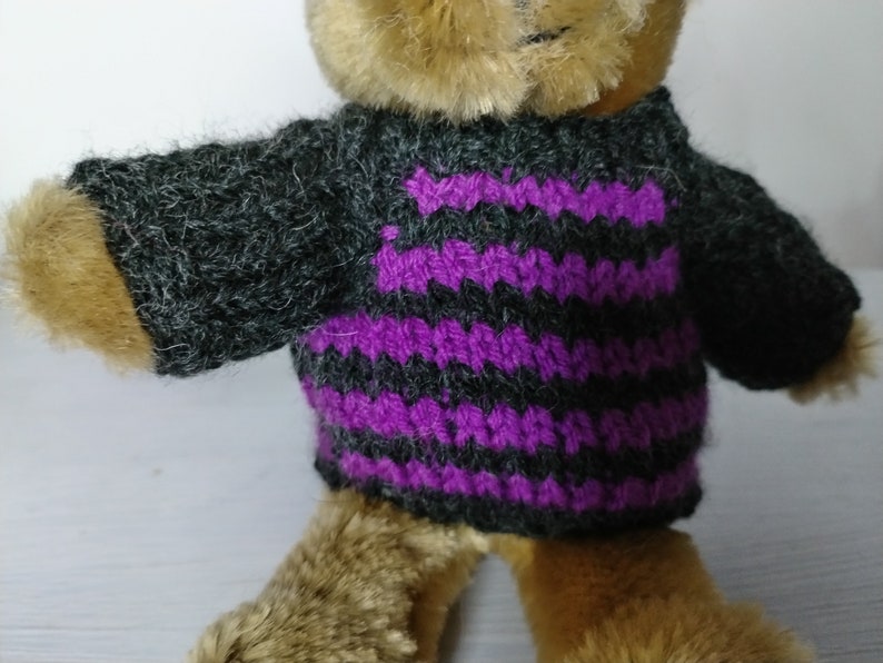 Tiny Teddy Bear Sweater Hand knitted Purple and Dark Grey Stripes fits 6 inch bear image 1