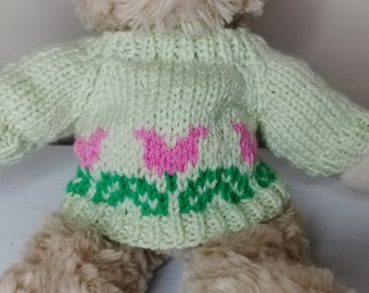 Teddy Bear Sweater - Hand knitted - Pale Green with Pink Tulips - fits 8 - 9 inch bear