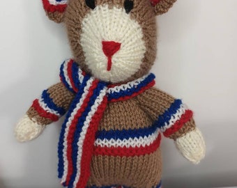 Hand Knitted Red White and Blue British Bear -  Coronation