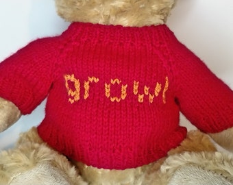 Teddy Bear Sweater - Hand knitted - Red Growl - fits 10 - 12 inch Bear